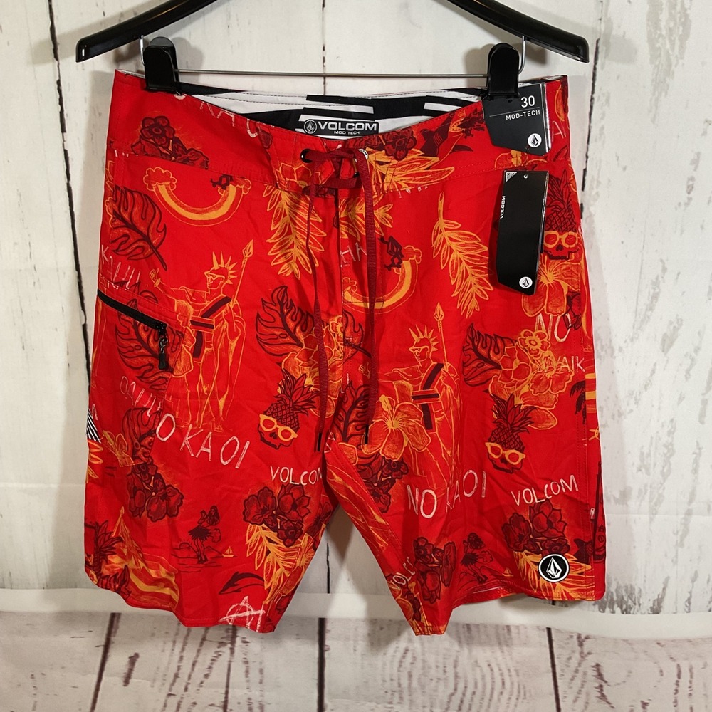 Volcom Mod Tech Board Shorts Mens 30 Red Tropical Hawaiian Graphic Surf Swim New